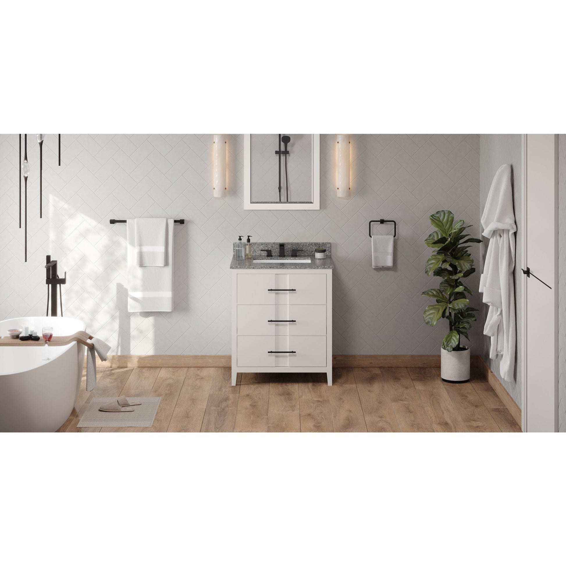 Hardware Resources Jeffrey Alexander Katara 30" White Freestanding Vanity With Boulder Cultured Marble Vanity Top, Backsplash and Rectangle Undermount Sink