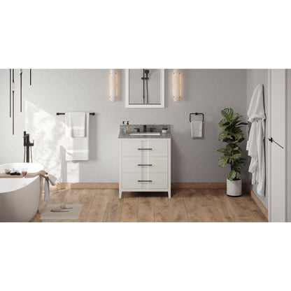 Hardware Resources Jeffrey Alexander Katara 30" White Freestanding Vanity With Boulder Cultured Marble Vanity Top, Backsplash and Rectangle Undermount Sink