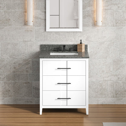 Hardware Resources Jeffrey Alexander Katara 30" White Freestanding Vanity With Boulder Cultured Marble Vanity Top, Backsplash and Rectangle Undermount Sink