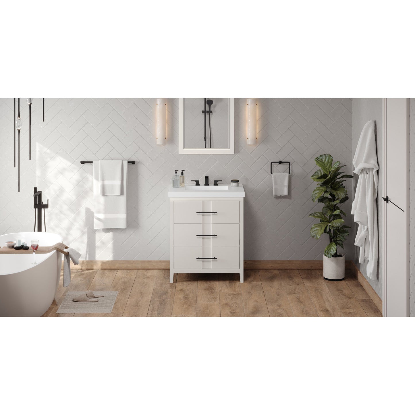 Hardware Resources Jeffrey Alexander Katara 30" White Freestanding Vanity With Lavante Cultured Marble Vessel Vanity Top, Backsplash and Rectangle Undermount Sink