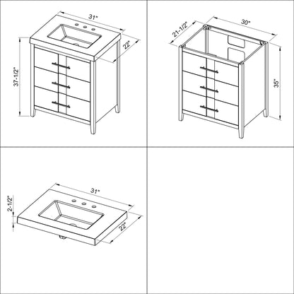 Hardware Resources Jeffrey Alexander Katara 30" White Freestanding Vanity With Lavante Cultured Marble Vessel Vanity Top, Backsplash and Rectangle Undermount Sink