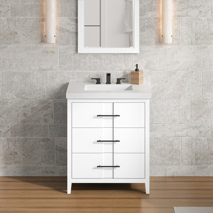 Hardware Resources Jeffrey Alexander Katara 30" White Freestanding Vanity With Lavante Cultured Marble Vessel Vanity Top, Backsplash and Rectangle Undermount Sink