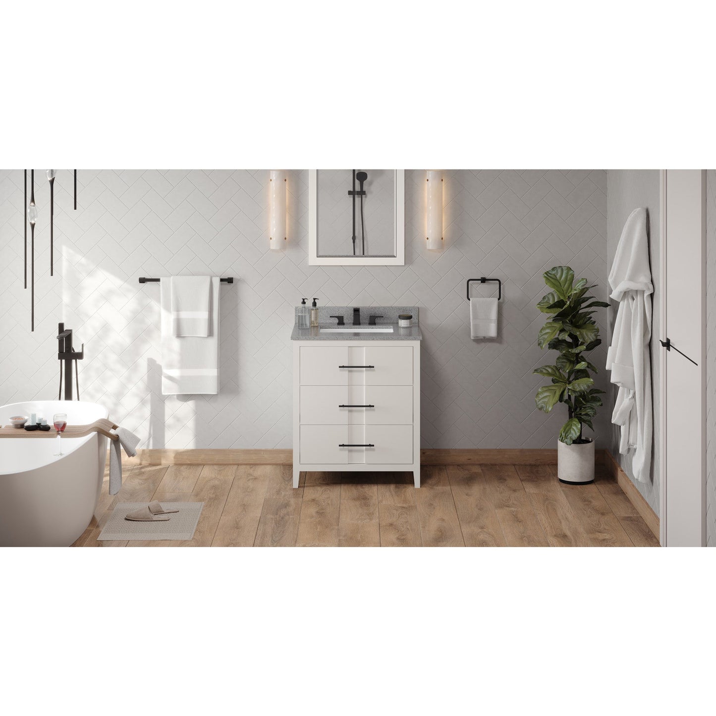 Hardware Resources Jeffrey Alexander Katara 30" White Freestanding Vanity With Steel Gray Cultured Marble Vanity Top, Backsplash and Rectangle Undermount Sink