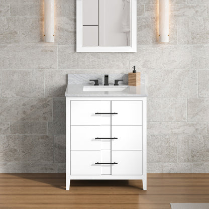 Hardware Resources Jeffrey Alexander Katara 30" White Freestanding Vanity With White Carrara Marble Vanity Top, Backsplash and Rectangle Undermount Sink