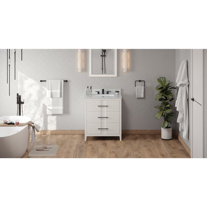 Hardware Resources Jeffrey Alexander Katara 30" White Freestanding Vanity With White Carrara Marble Vanity Top, Backsplash and Rectangle Undermount Sink