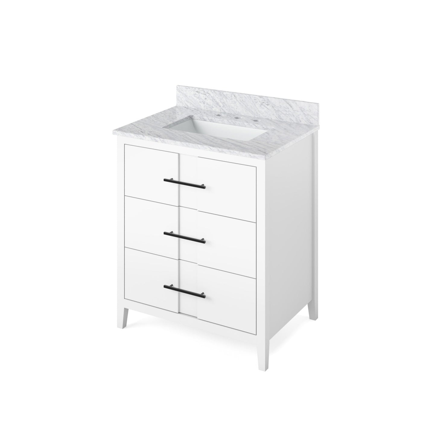 Hardware Resources Jeffrey Alexander Katara 30" White Freestanding Vanity With White Carrara Marble Vanity Top, Backsplash and Rectangle Undermount Sink