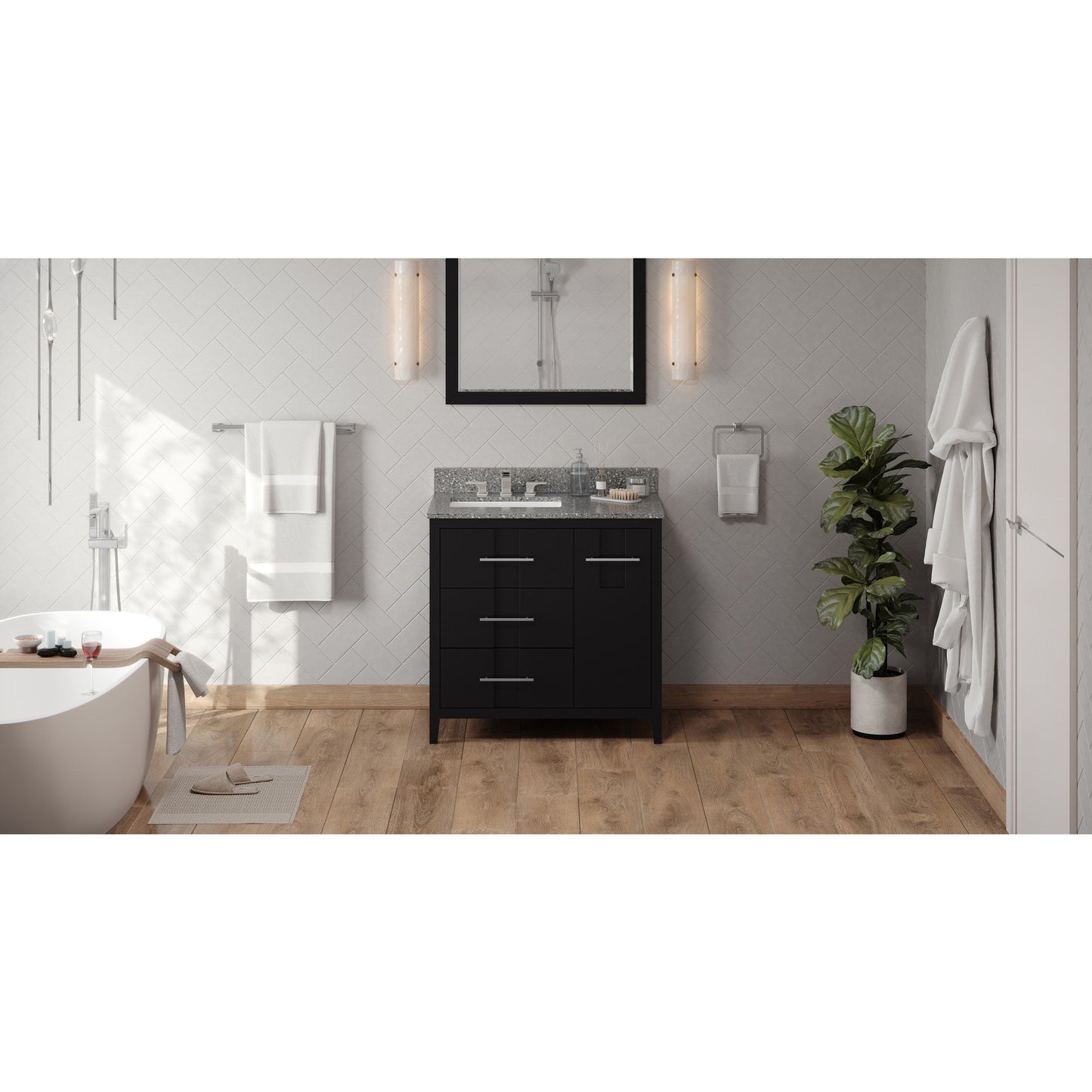 Hardware Resources Jeffrey Alexander Katara 36" Black Freestanding Vanity With Left Offset, Boulder Vanity Cultured Marble Vanity Top, Backsplash and Rectangle Undermount Sink