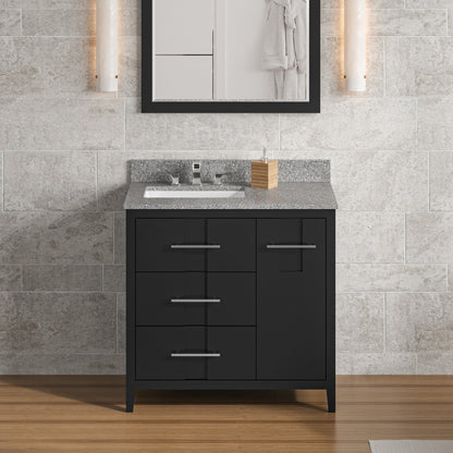 Hardware Resources Jeffrey Alexander Katara 36" Black Freestanding Vanity With Left Offset, Boulder Vanity Cultured Marble Vanity Top, Backsplash and Rectangle Undermount Sink