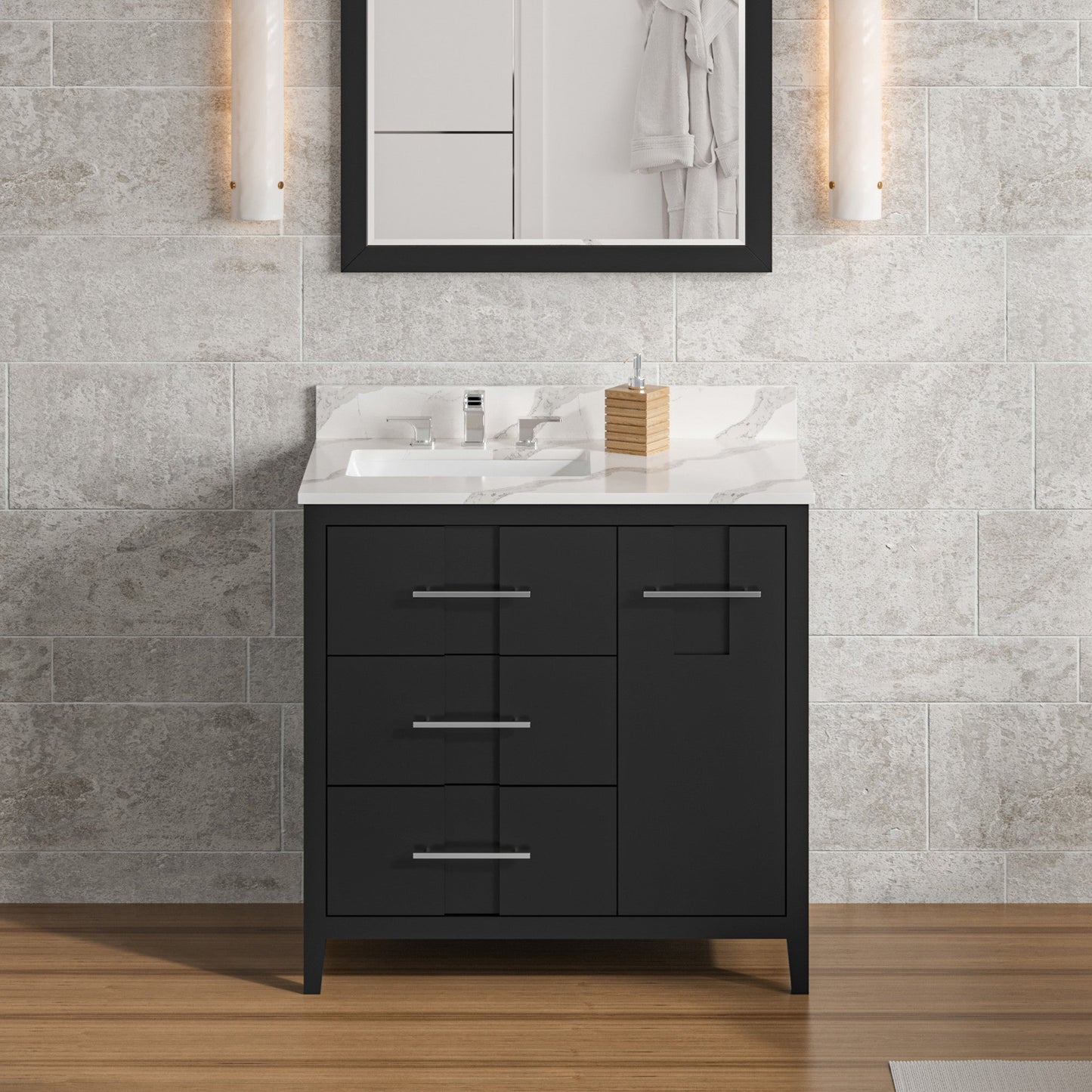 Hardware Resources Jeffrey Alexander Katara 36" Black Freestanding Vanity With Left Offset, Calacatta Vienna Quartz Vanity Top, Backsplash and Rectangle Undermount Sink