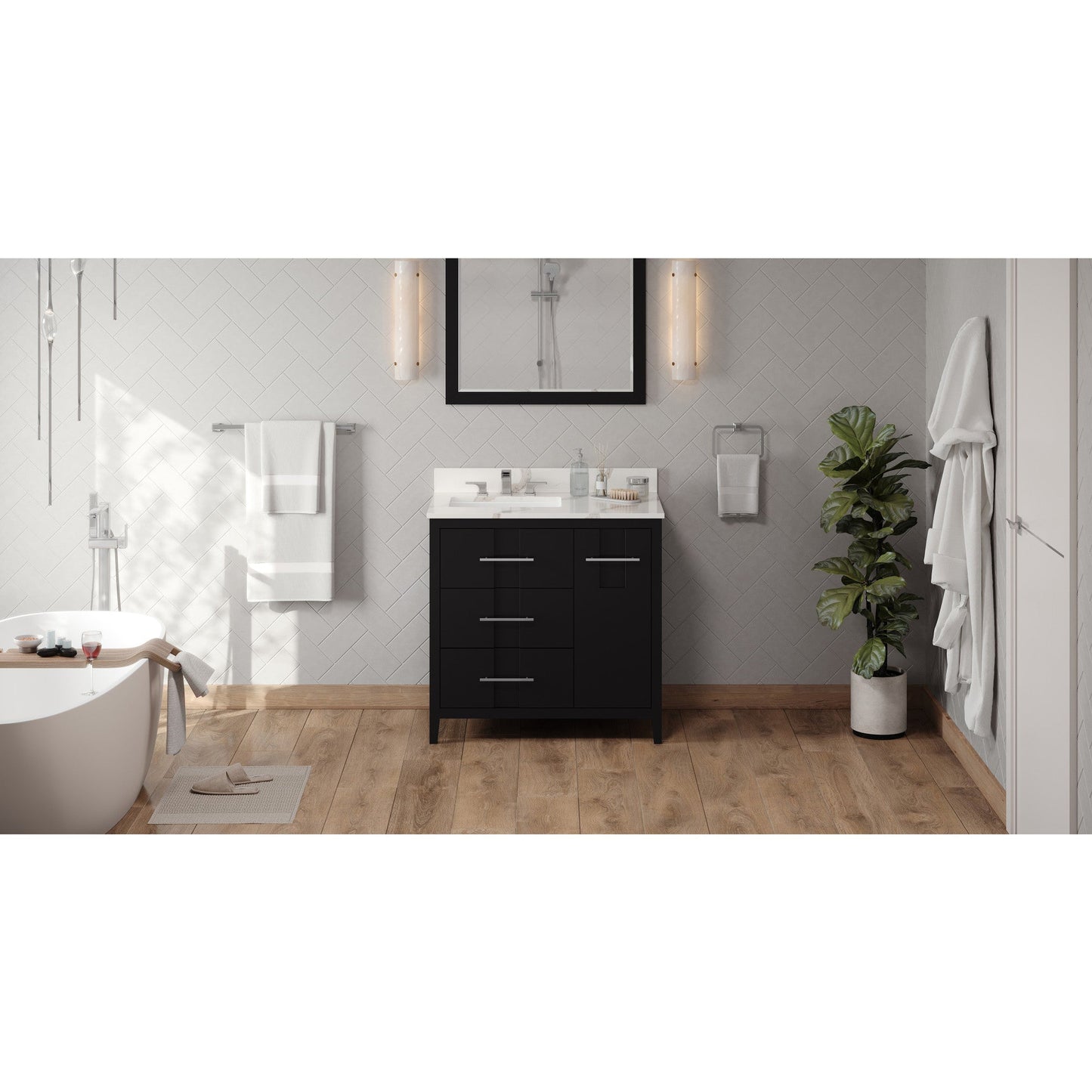 Hardware Resources Jeffrey Alexander Katara 36" Black Freestanding Vanity With Left Offset, Calacatta Vienna Quartz Vanity Top, Backsplash and Rectangle Undermount Sink