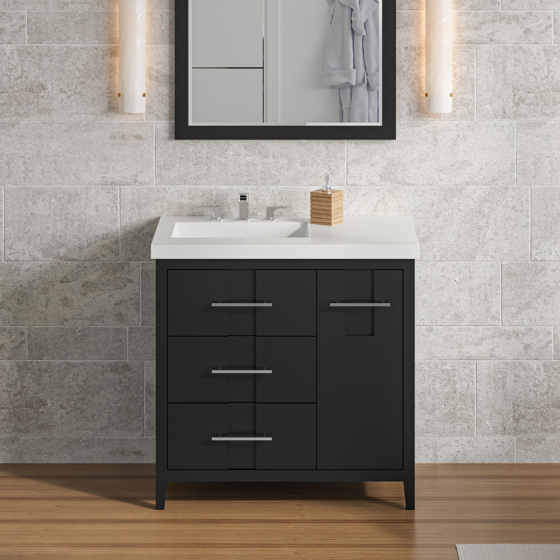 Hardware Resources Jeffrey Alexander Katara 36" Black Freestanding Vanity With Left Offset, Lavante Cultured Marble Vessel Vanity Top , Backsplash and Rectangle Undermount Sink