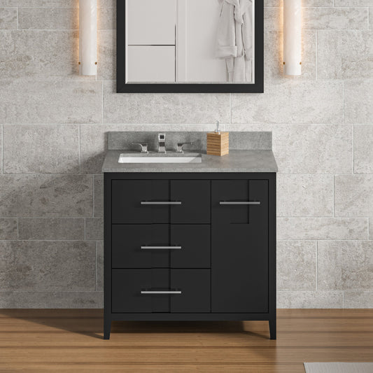 Hardware Resources Jeffrey Alexander Katara 36" Black Freestanding Vanity With Left Offset, Steel Gray Cultured Marble Vanity Top, Backsplash and Rectangle Undermount Sink