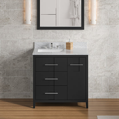 Hardware Resources Jeffrey Alexander Katara 36" Black Freestanding Vanity With Left Offset, White Carrara Marble Vanity Top, Backsplash and Rectangle Undermount Sink