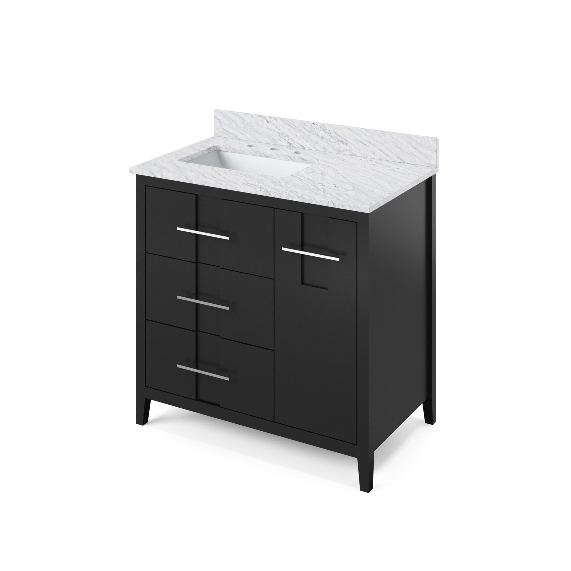 Hardware Resources Jeffrey Alexander Katara 36" Black Freestanding Vanity With Left Offset, White Carrara Marble Vanity Top, Backsplash and Rectangle Undermount Sink