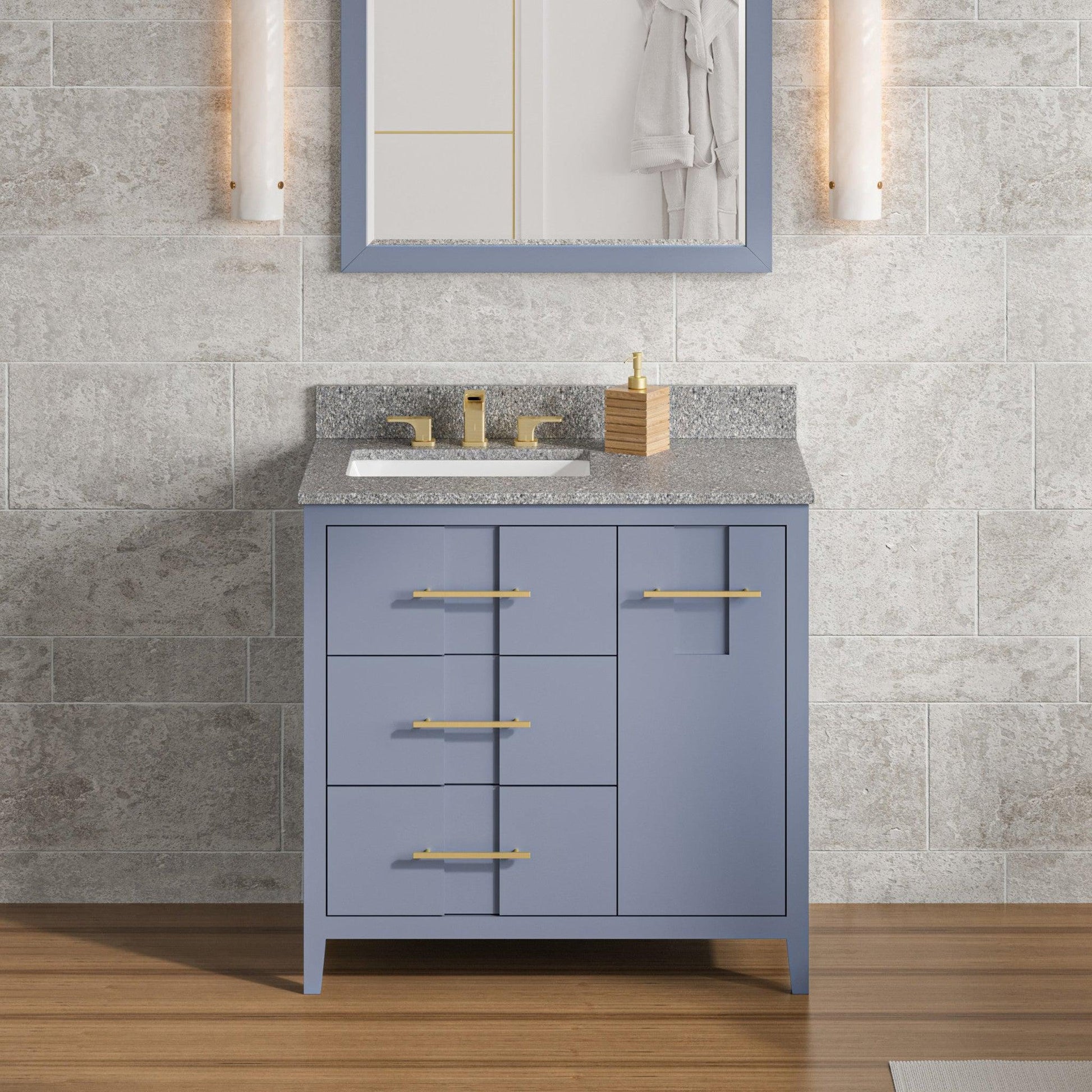 Hardware Resources Jeffrey Alexander Katara 36" Blue Steel Freestanding Vanity With Left Offset, Boulder Vanity Cultured Marble Vanity Top, Backsplash and Rectangle Undermount Sink