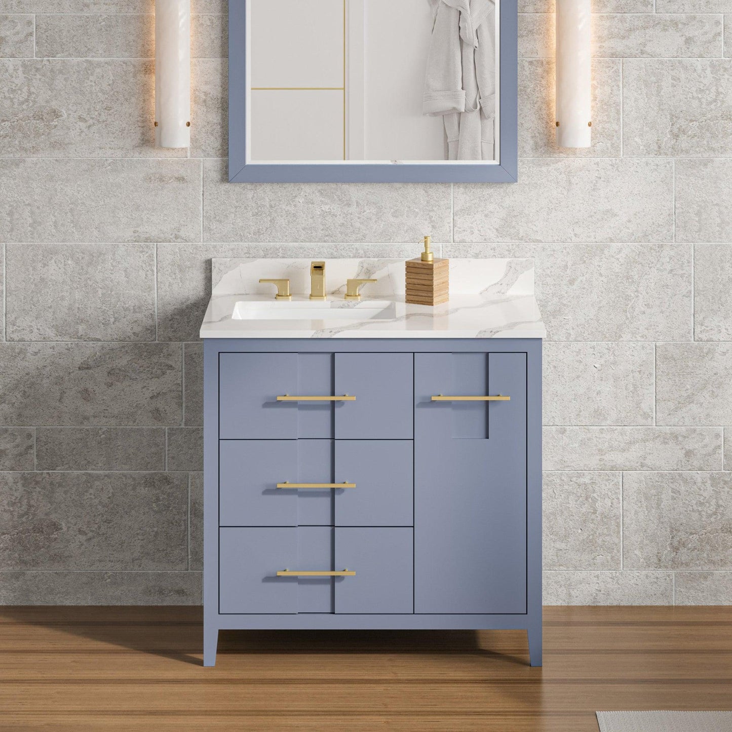 Hardware Resources Jeffrey Alexander Katara 36" Blue Steel Freestanding Vanity With Left Offset, Calacatta Vienna Quartz Vanity Top, Backsplash and Rectangle Undermount Sink