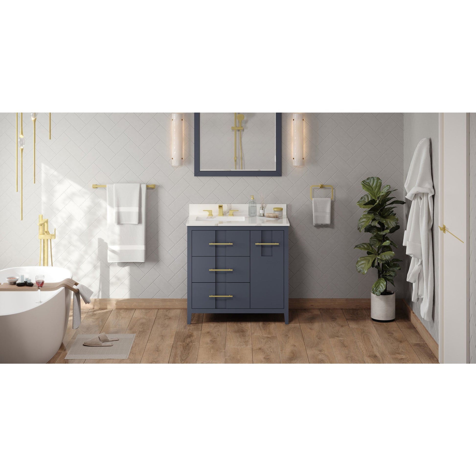 Hardware Resources Jeffrey Alexander Katara 36" Blue Steel Freestanding Vanity With Left Offset, Calacatta Vienna Quartz Vanity Top, Backsplash and Rectangle Undermount Sink