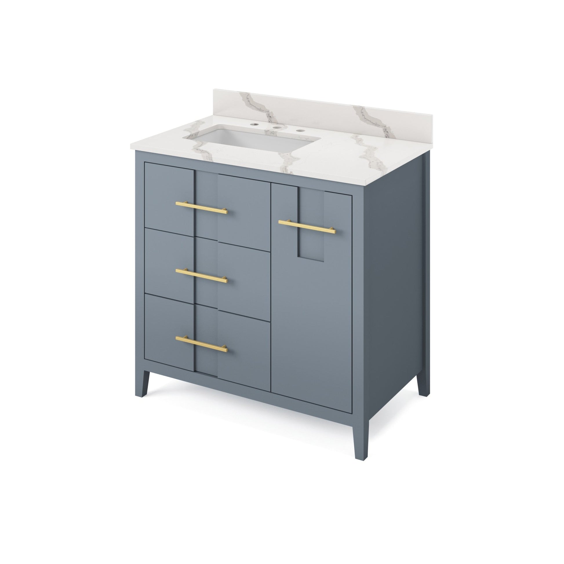 Hardware Resources Jeffrey Alexander Katara 36" Blue Steel Freestanding Vanity With Left Offset, Calacatta Vienna Quartz Vanity Top, Backsplash and Rectangle Undermount Sink