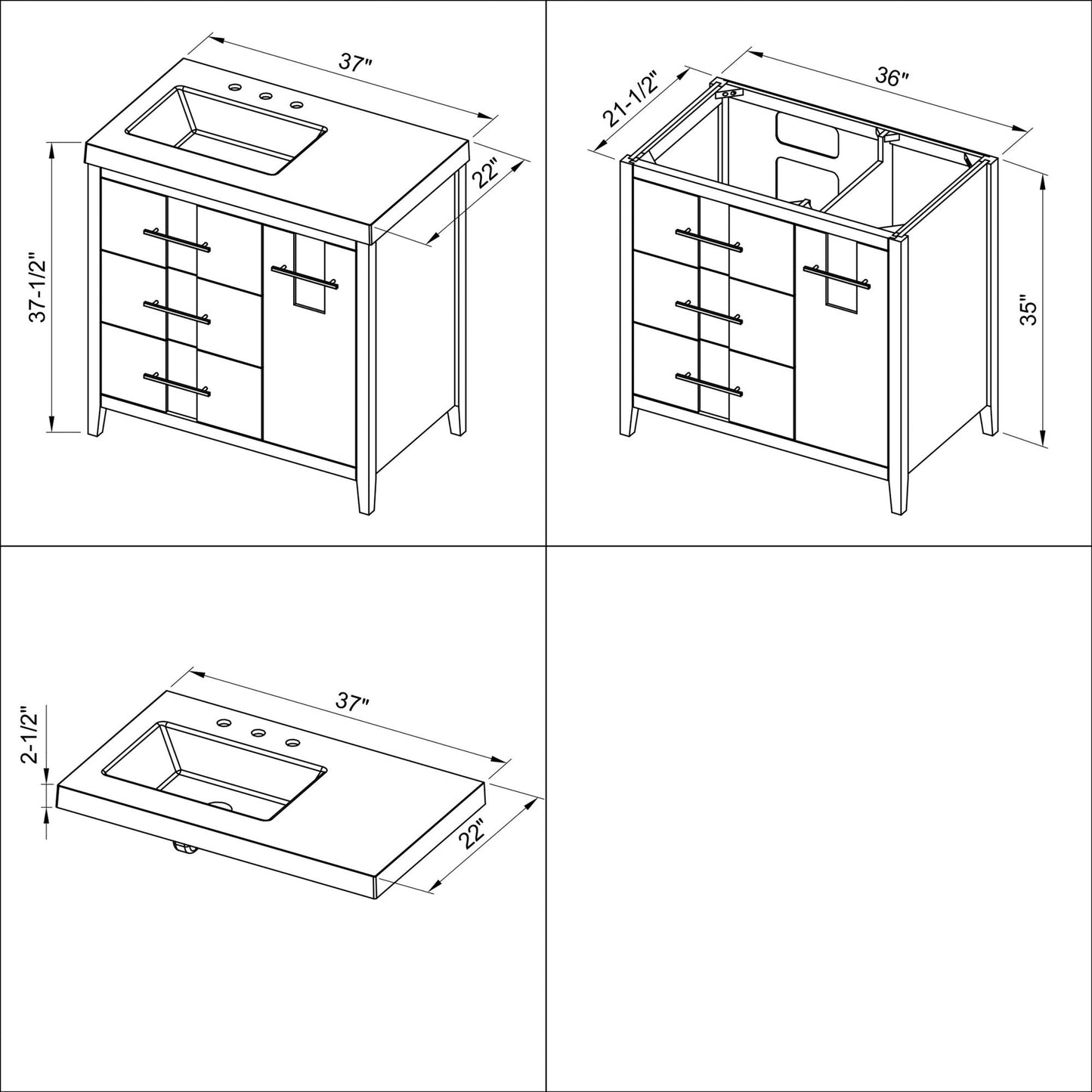 Hardware Resources Jeffrey Alexander Katara 36" Blue Steel Freestanding Vanity With Left Offset, Lavante Cultured Marble Vessel Vanity Top , Backsplash and Rectangle Undermount Sink