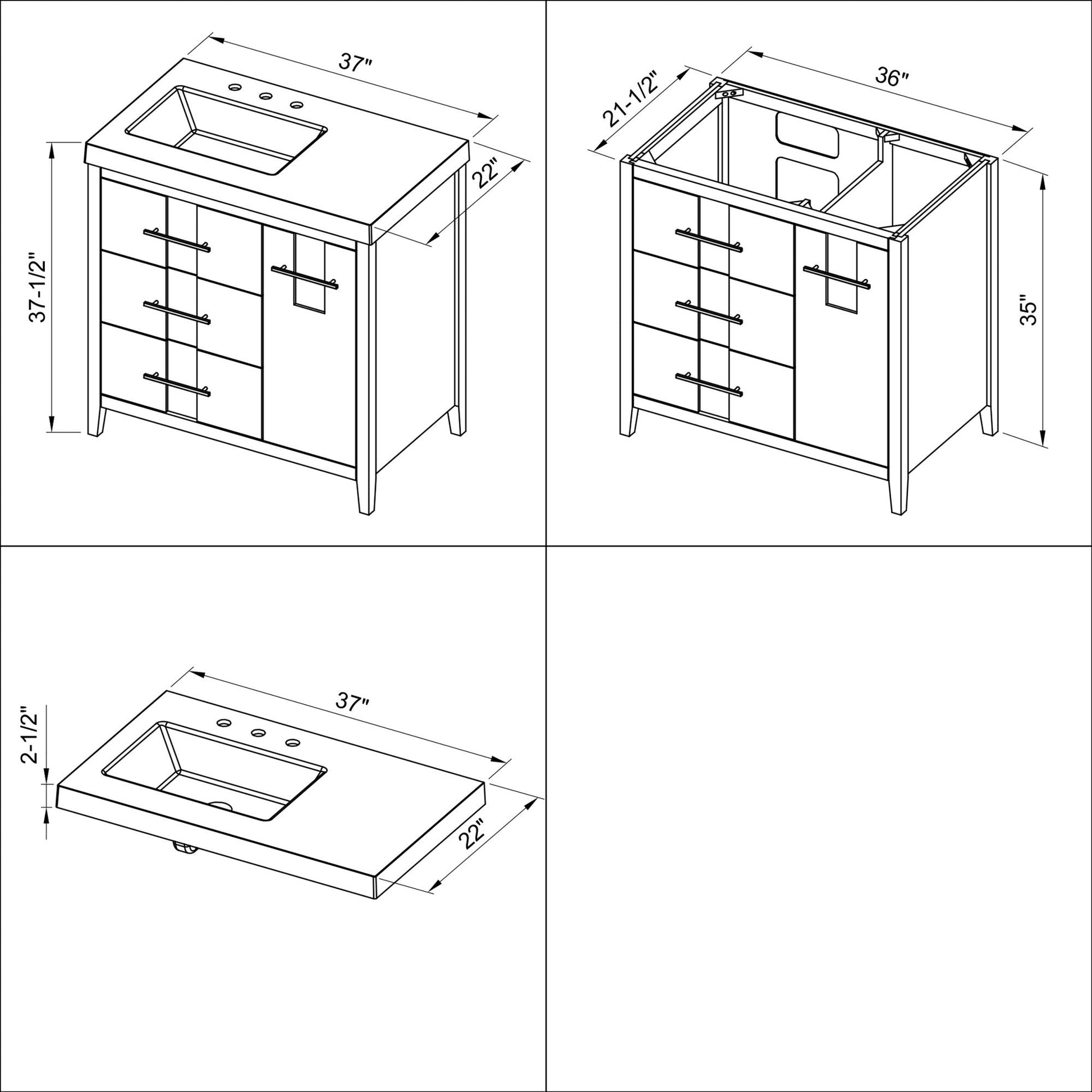 Hardware Resources Jeffrey Alexander Katara 36" Blue Steel Freestanding Vanity With Left Offset, Lavante Cultured Marble Vessel Vanity Top , Backsplash and Rectangle Undermount Sink