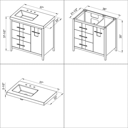 Hardware Resources Jeffrey Alexander Katara 36" Blue Steel Freestanding Vanity With Left Offset, Lavante Cultured Marble Vessel Vanity Top , Backsplash and Rectangle Undermount Sink