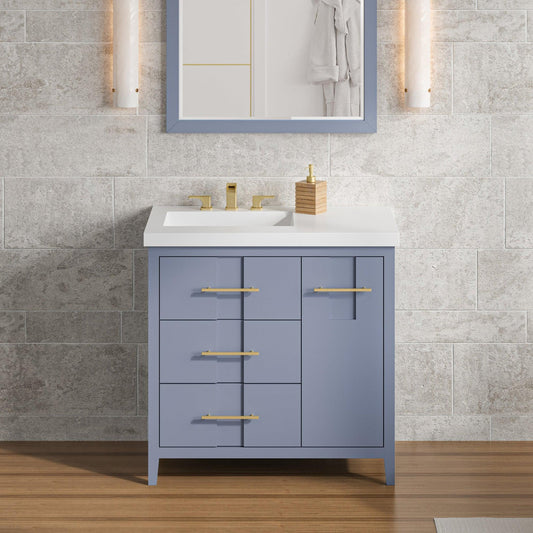 Hardware Resources Jeffrey Alexander Katara 36" Blue Steel Freestanding Vanity With Left Offset, Lavante Cultured Marble Vessel Vanity Top , Backsplash and Rectangle Undermount Sink