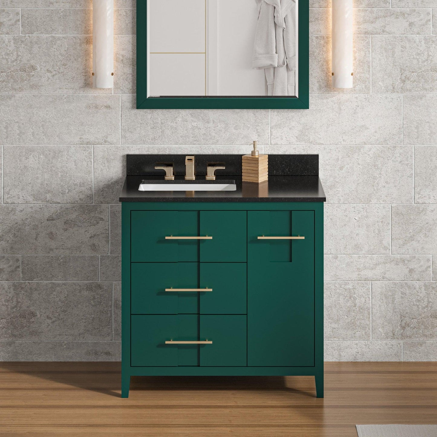 Hardware Resources Jeffrey Alexander Katara 36" Green Freestanding Vanity With Left Offset, Black Granite Vanity Top, Backsplash and Rectangle Undermount Sink