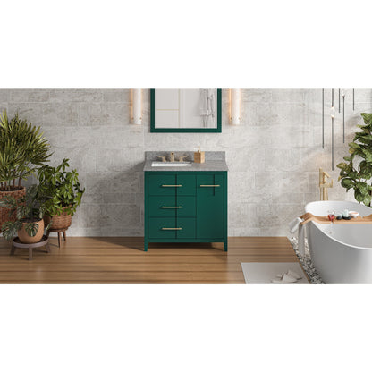 Hardware Resources Jeffrey Alexander Katara 36" Green Freestanding Vanity With Left Offset, Boulder Vanity Cultured Marble Vanity Top, Backsplash and Rectangle Undermount Sink