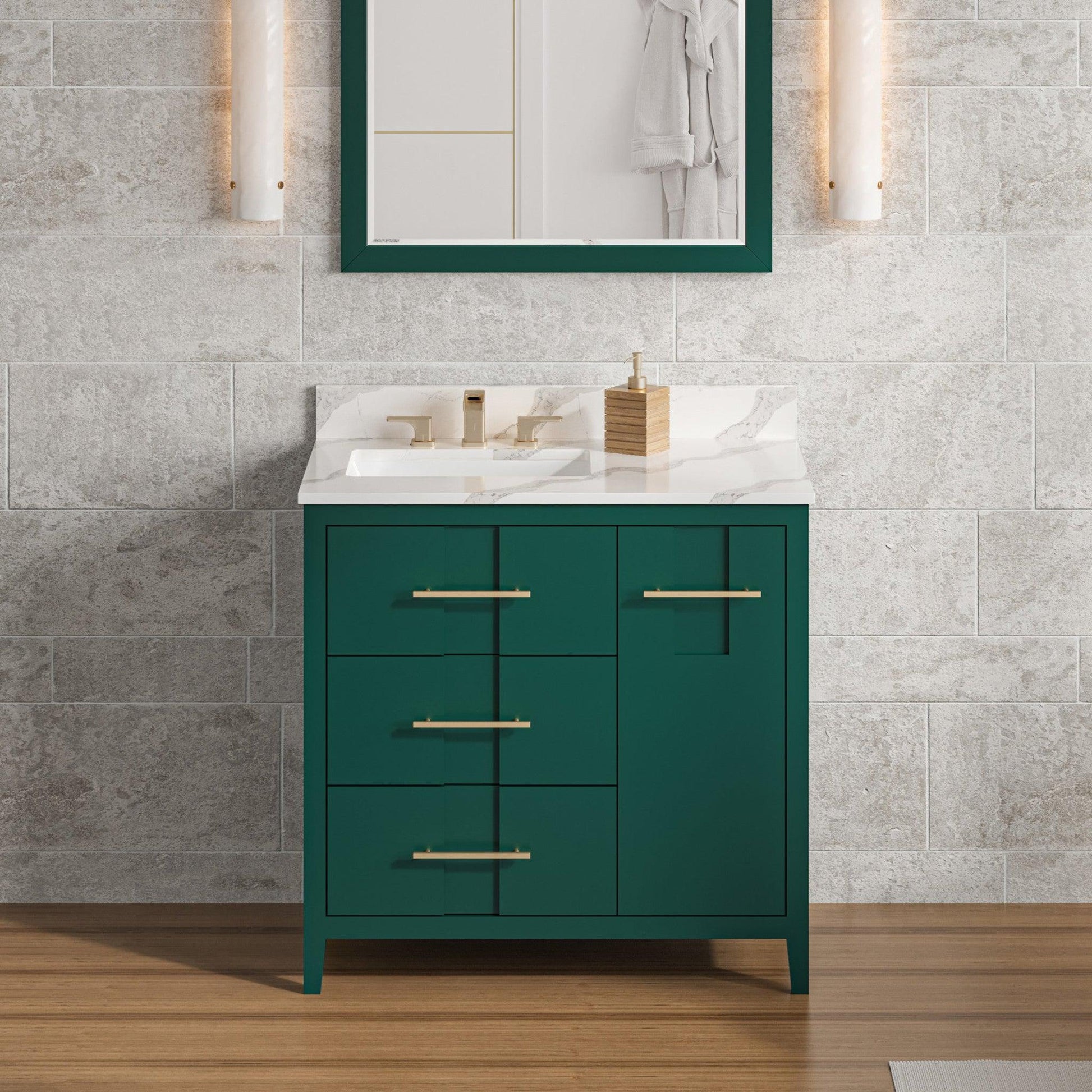 Hardware Resources Jeffrey Alexander Katara 36" Green Freestanding Vanity With Left Offset, Calacatta Vienna Quartz Vanity Top, Backsplash and Rectangle Undermount Sink