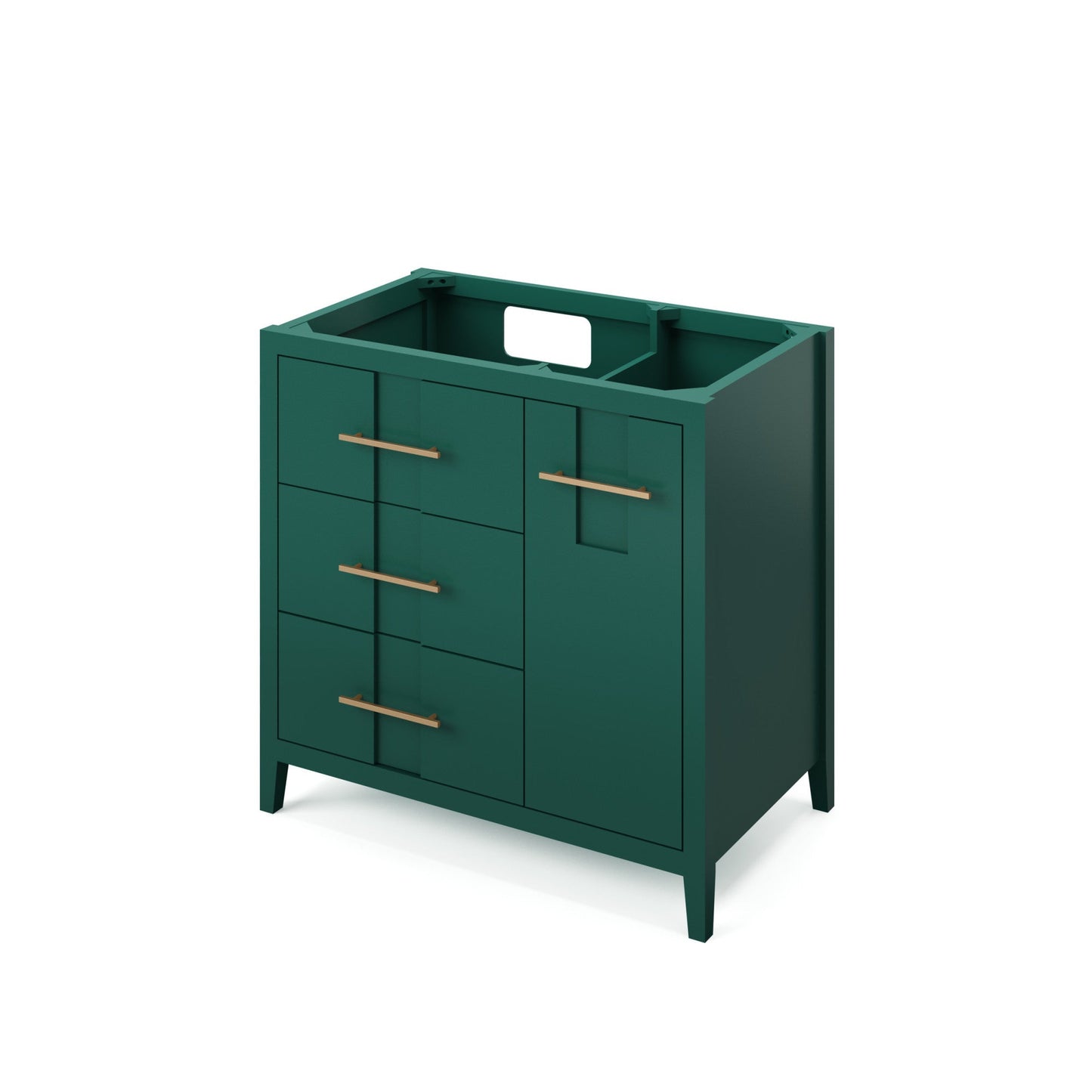 Hardware Resources Jeffrey Alexander Katara 36" Green Freestanding Vanity With Left Offset, Calacatta Vienna Quartz Vanity Top, Backsplash and Rectangle Undermount Sink