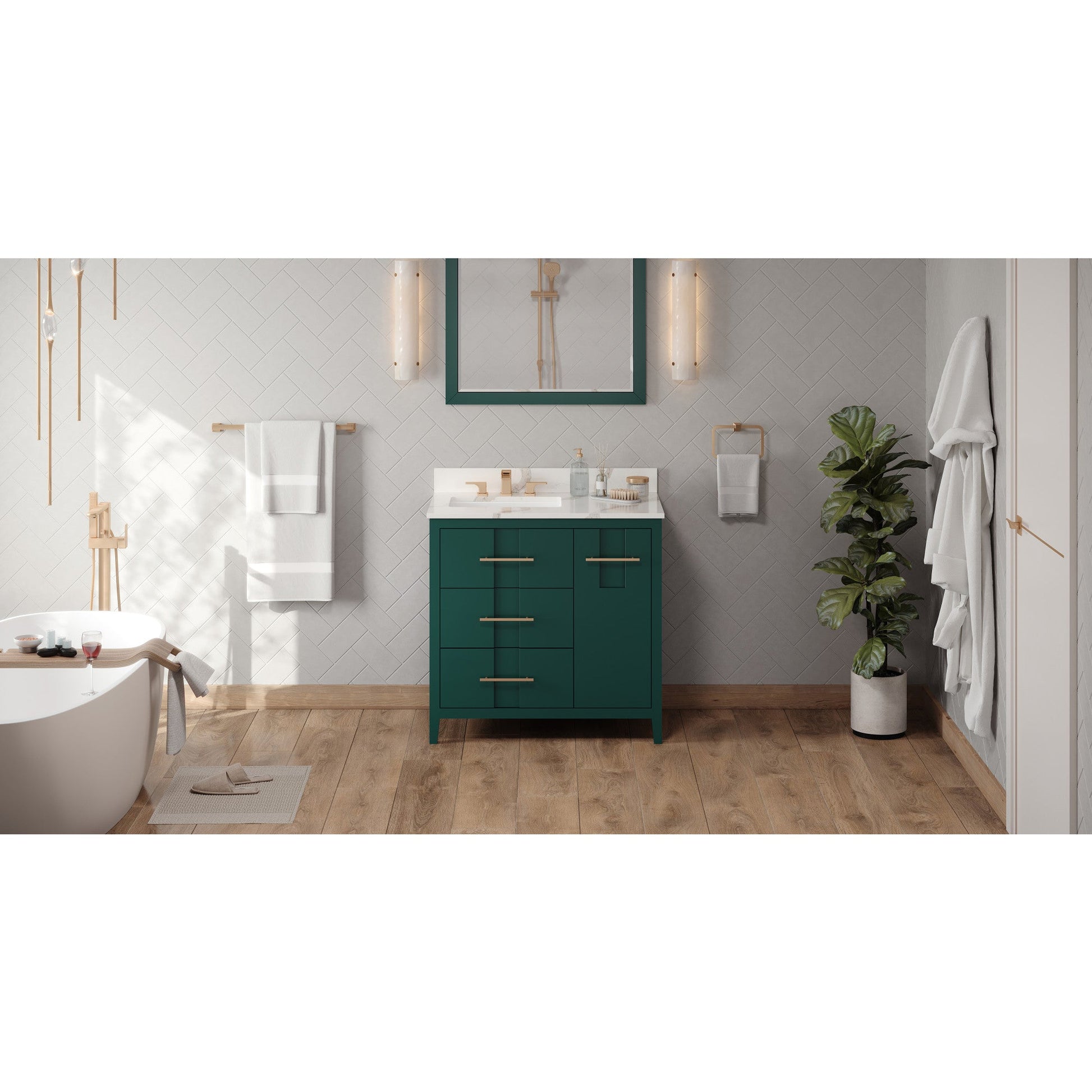 Hardware Resources Jeffrey Alexander Katara 36" Green Freestanding Vanity With Left Offset, Calacatta Vienna Quartz Vanity Top, Backsplash and Rectangle Undermount Sink