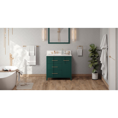 Hardware Resources Jeffrey Alexander Katara 36" Green Freestanding Vanity With Left Offset, Calacatta Vienna Quartz Vanity Top, Backsplash and Rectangle Undermount Sink