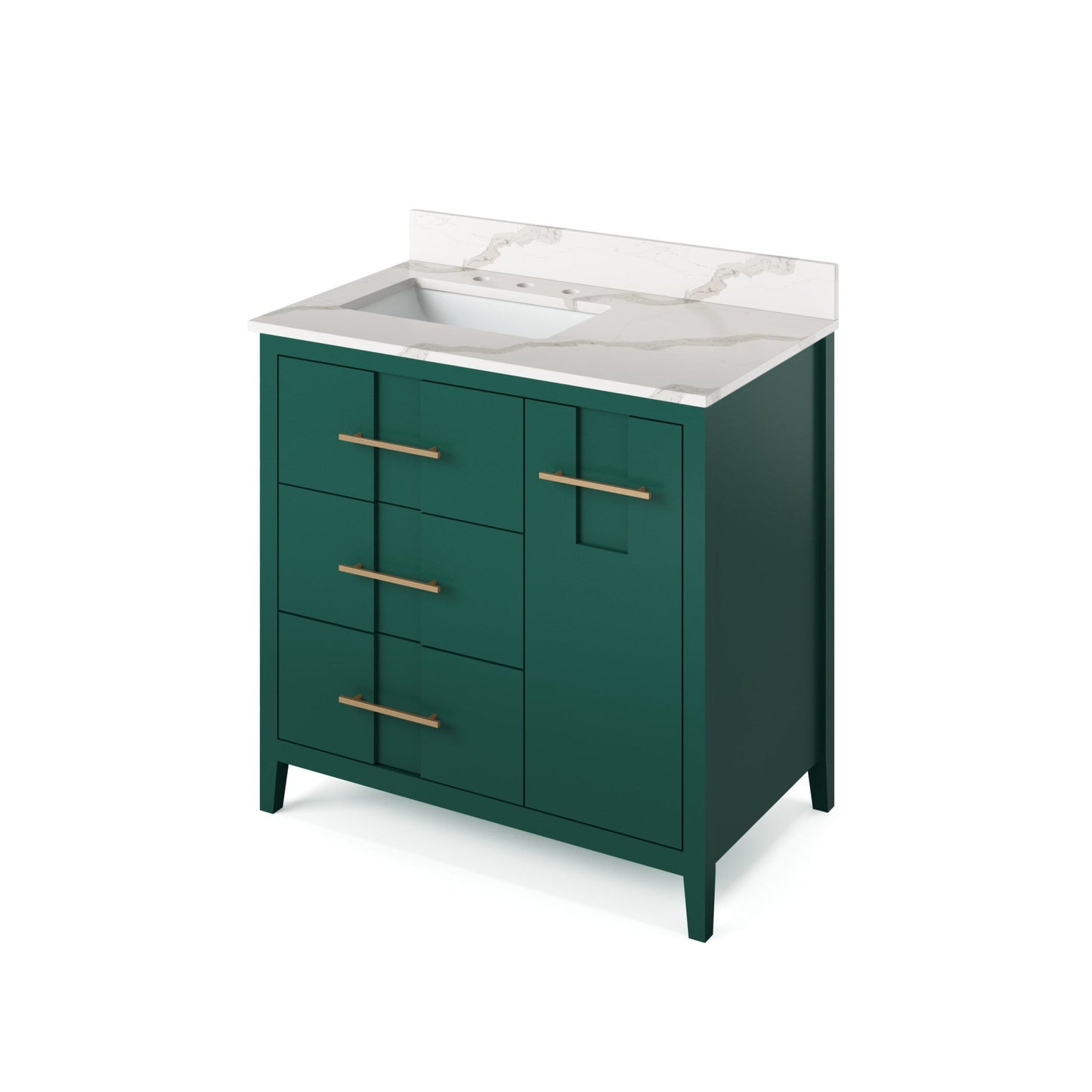 Hardware Resources Jeffrey Alexander Katara 36" Green Freestanding Vanity With Left Offset, Calacatta Vienna Quartz Vanity Top, Backsplash and Rectangle Undermount Sink