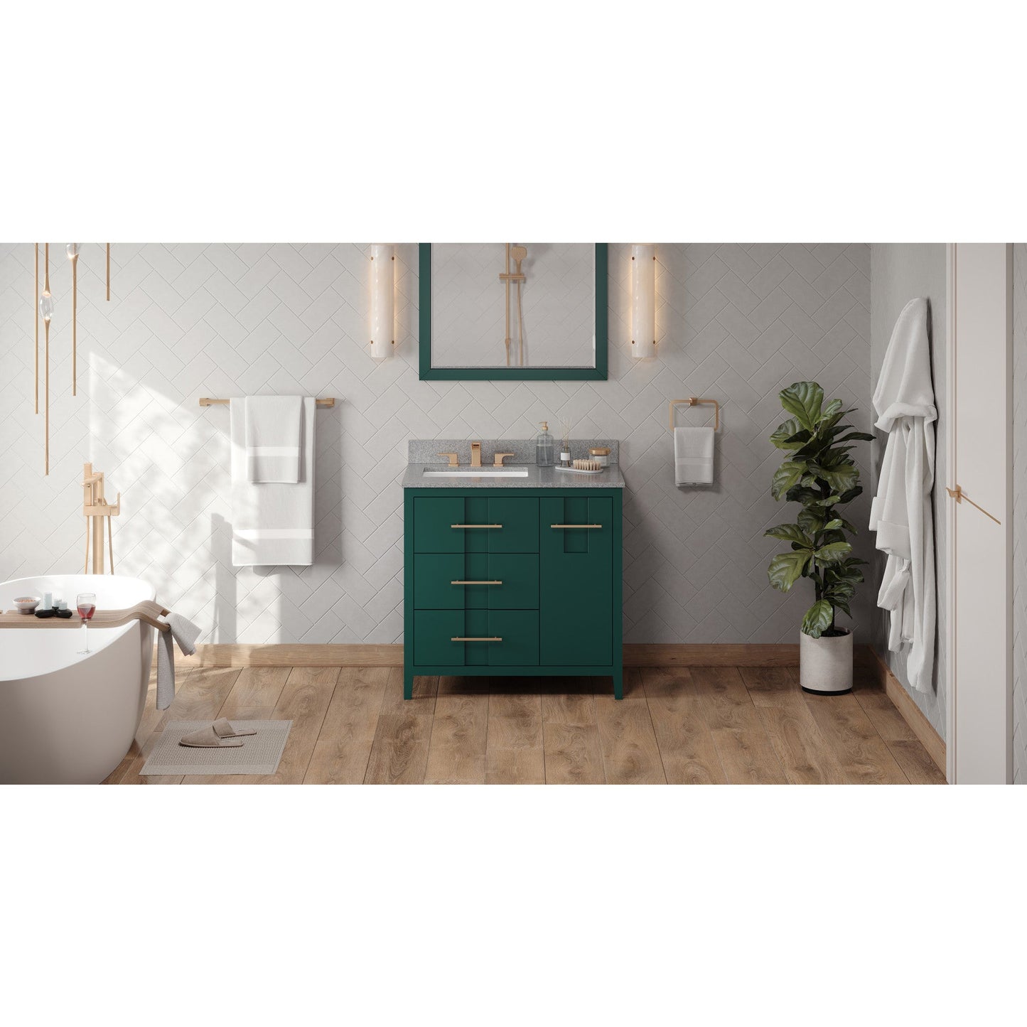 Hardware Resources Jeffrey Alexander Katara 36" Green Freestanding Vanity With Left Offset, Steel Gray Cultured Marble Vanity Top, Backsplash and Rectangle Undermount Sink