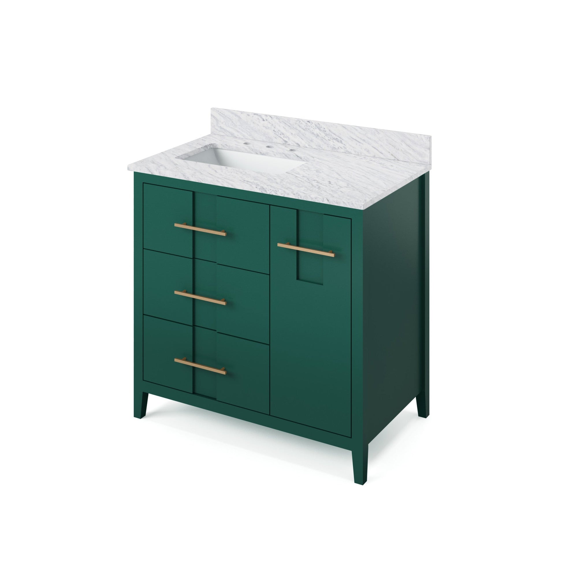 Hardware Resources Jeffrey Alexander Katara 36" Green Freestanding Vanity With Left Offset, White Carrara Marble Vanity Top, Backsplash and Rectangle Undermount Sink