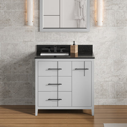 Hardware Resources Jeffrey Alexander Katara 36" Grey Freestanding Vanity With Left Offset, Black Granite Vanity Top, Backsplash and Rectangle Undermount Sink