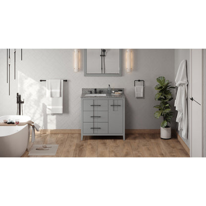 Hardware Resources Jeffrey Alexander Katara 36" Grey Freestanding Vanity With Left Offset, Boulder Vanity Cultured Marble Vanity Top, Backsplash and Rectangle Undermount Sink