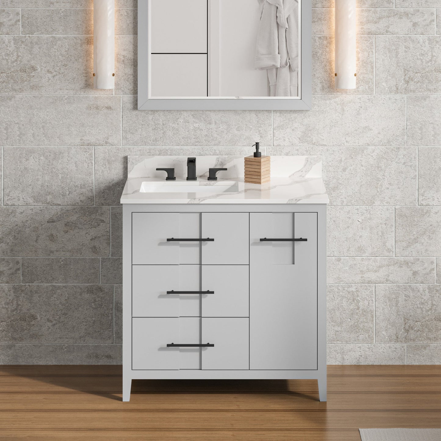 Hardware Resources Jeffrey Alexander Katara 36" Grey Freestanding Vanity With Left Offset, Calacatta Vienna Quartz Vanity Top, Backsplash and Rectangle Undermount Sink