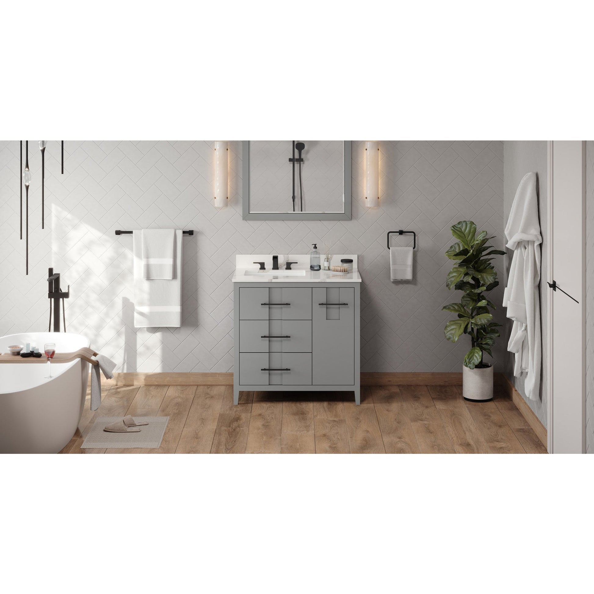 Hardware Resources Jeffrey Alexander Katara 36" Grey Freestanding Vanity With Left Offset, Calacatta Vienna Quartz Vanity Top, Backsplash and Rectangle Undermount Sink