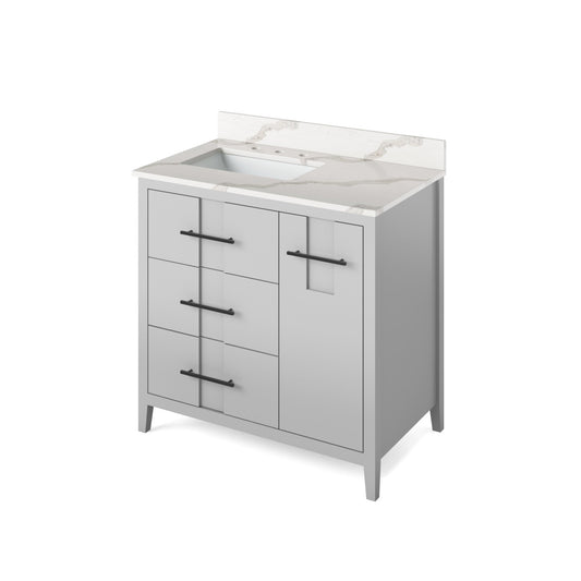 Hardware Resources Jeffrey Alexander Katara 36" Grey Freestanding Vanity With Left Offset, Calacatta Vienna Quartz Vanity Top, Backsplash and Rectangle Undermount Sink