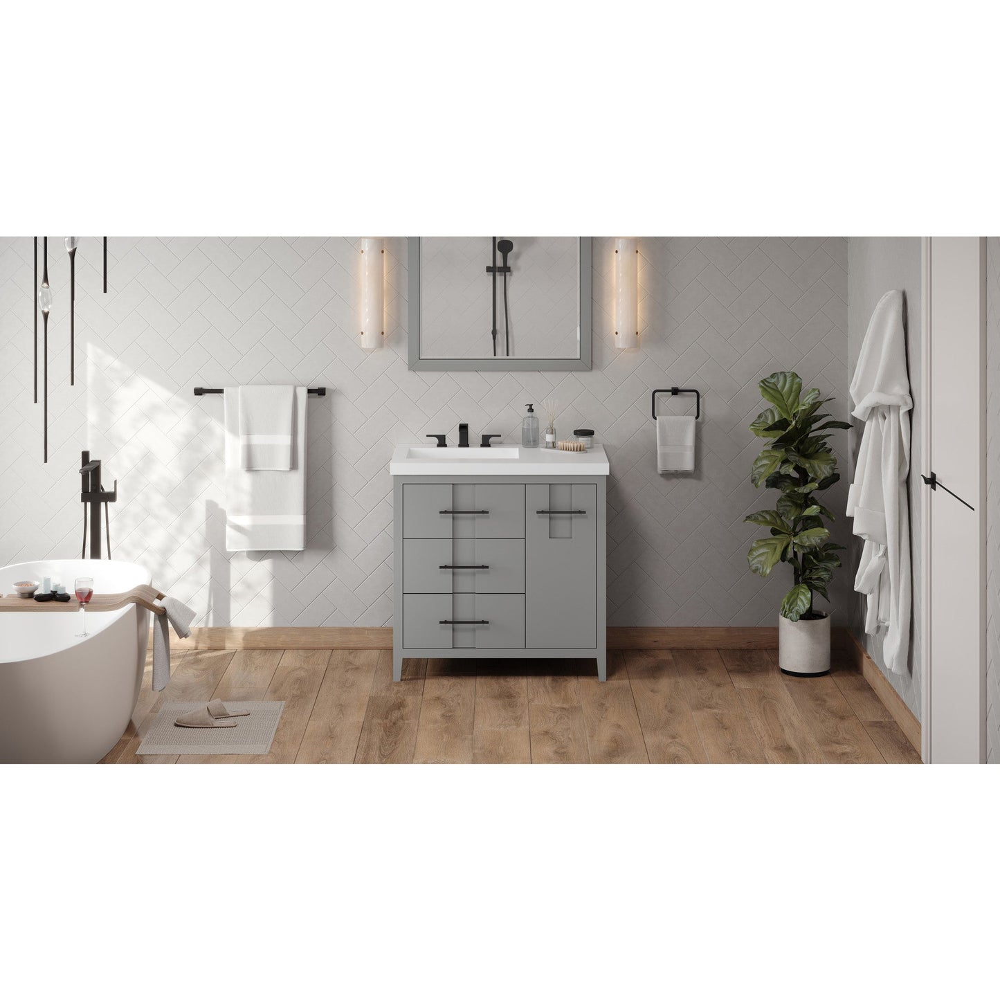 Hardware Resources Jeffrey Alexander Katara 36" Grey Freestanding Vanity With Left Offset, Lavante Cultured Marble Vessel Vanity Top , Backsplash and Rectangle Undermount Sink