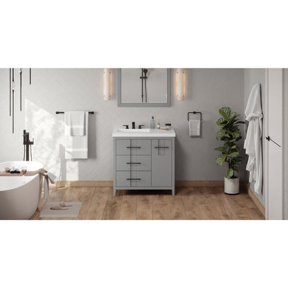 Hardware Resources Jeffrey Alexander Katara 36" Grey Freestanding Vanity With Left Offset, Lavante Cultured Marble Vessel Vanity Top , Backsplash and Rectangle Undermount Sink