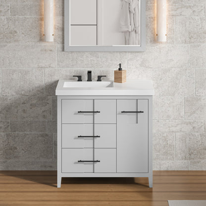 Hardware Resources Jeffrey Alexander Katara 36" Grey Freestanding Vanity With Left Offset, Lavante Cultured Marble Vessel Vanity Top , Backsplash and Rectangle Undermount Sink