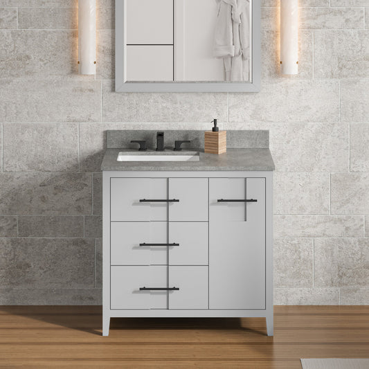 Hardware Resources Jeffrey Alexander Katara 36" Grey Freestanding Vanity With Left Offset, Steel Gray Cultured Marble Vanity Top, Backsplash and Rectangle Undermount Sink