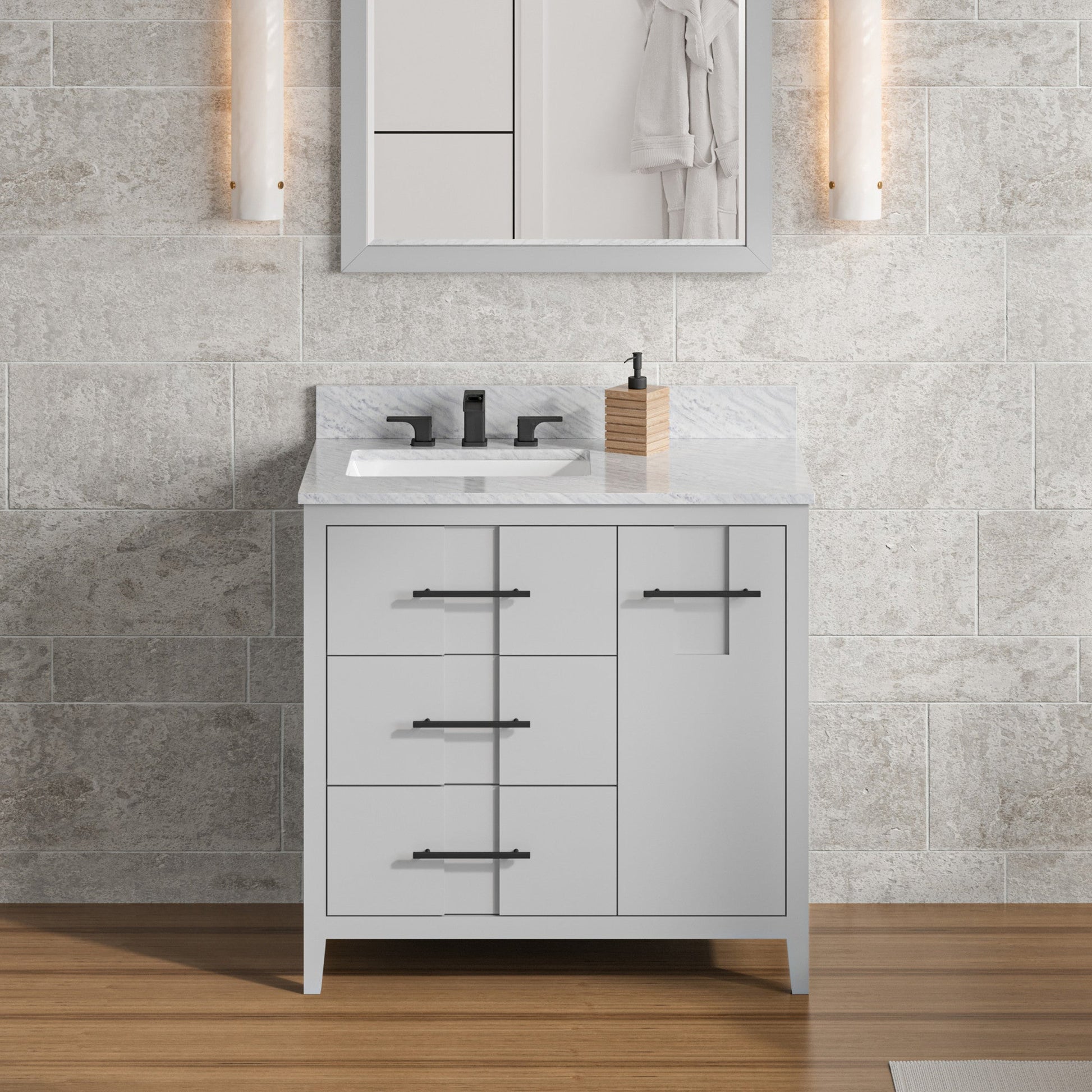 Hardware Resources Jeffrey Alexander Katara 36" Grey Freestanding Vanity With Left Offset, White Carrara Marble Vanity Top, Backsplash and Rectangle Undermount Sink