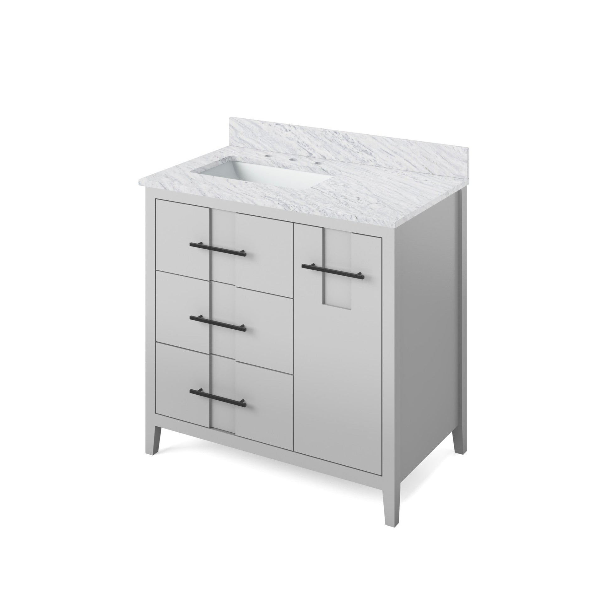 Hardware Resources Jeffrey Alexander Katara 36" Grey Freestanding Vanity With Left Offset, White Carrara Marble Vanity Top, Backsplash and Rectangle Undermount Sink