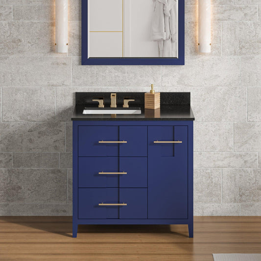 Hardware Resources Jeffrey Alexander Katara 36" Hale Blue Freestanding Vanity With Left Offset, Black Granite Vanity Top, Backsplash and Rectangle Undermount Sink