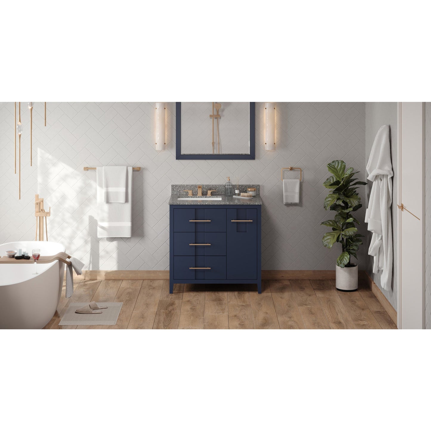 Hardware Resources Jeffrey Alexander Katara 36" Hale Blue Freestanding Vanity With Left Offset, Boulder Vanity Cultured Marble Vanity Top, Backsplash and Rectangle Undermount Sink