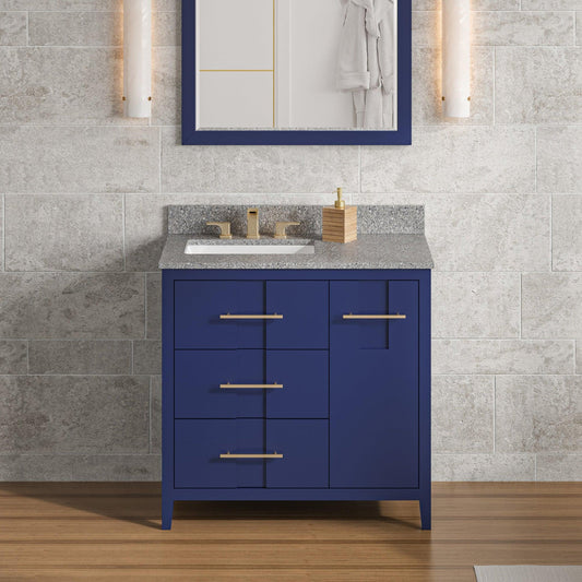 Hardware Resources Jeffrey Alexander Katara 36" Hale Blue Freestanding Vanity With Left Offset, Boulder Vanity Cultured Marble Vanity Top, Backsplash and Rectangle Undermount Sink