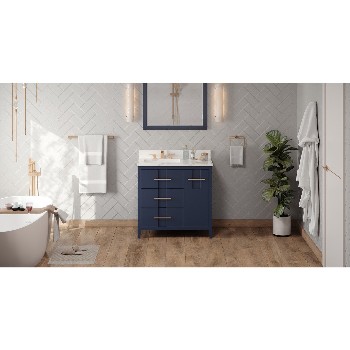 Hardware Resources Jeffrey Alexander Katara 36" Hale Blue Freestanding Vanity With Left Offset, Calacatta Vienna Quartz Vanity Top, Backsplash and Rectangle Undermount Sink